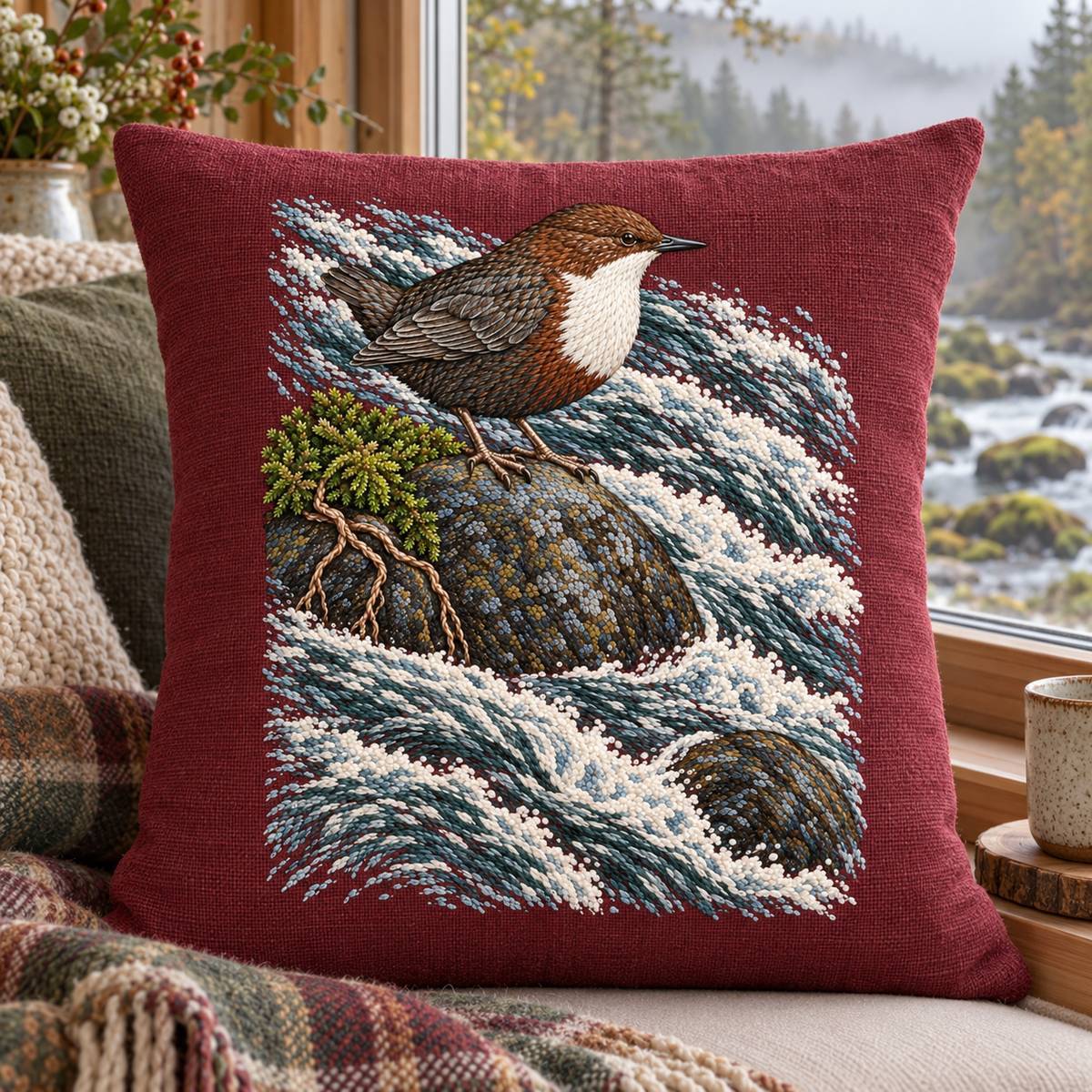 Dipper embroidery design in a digital mockup of A tall rectangular linen cushion sitting upright on a window seat overlooking misty woodland; front kept planar without deep folds. Placement inspiration for Study 38.