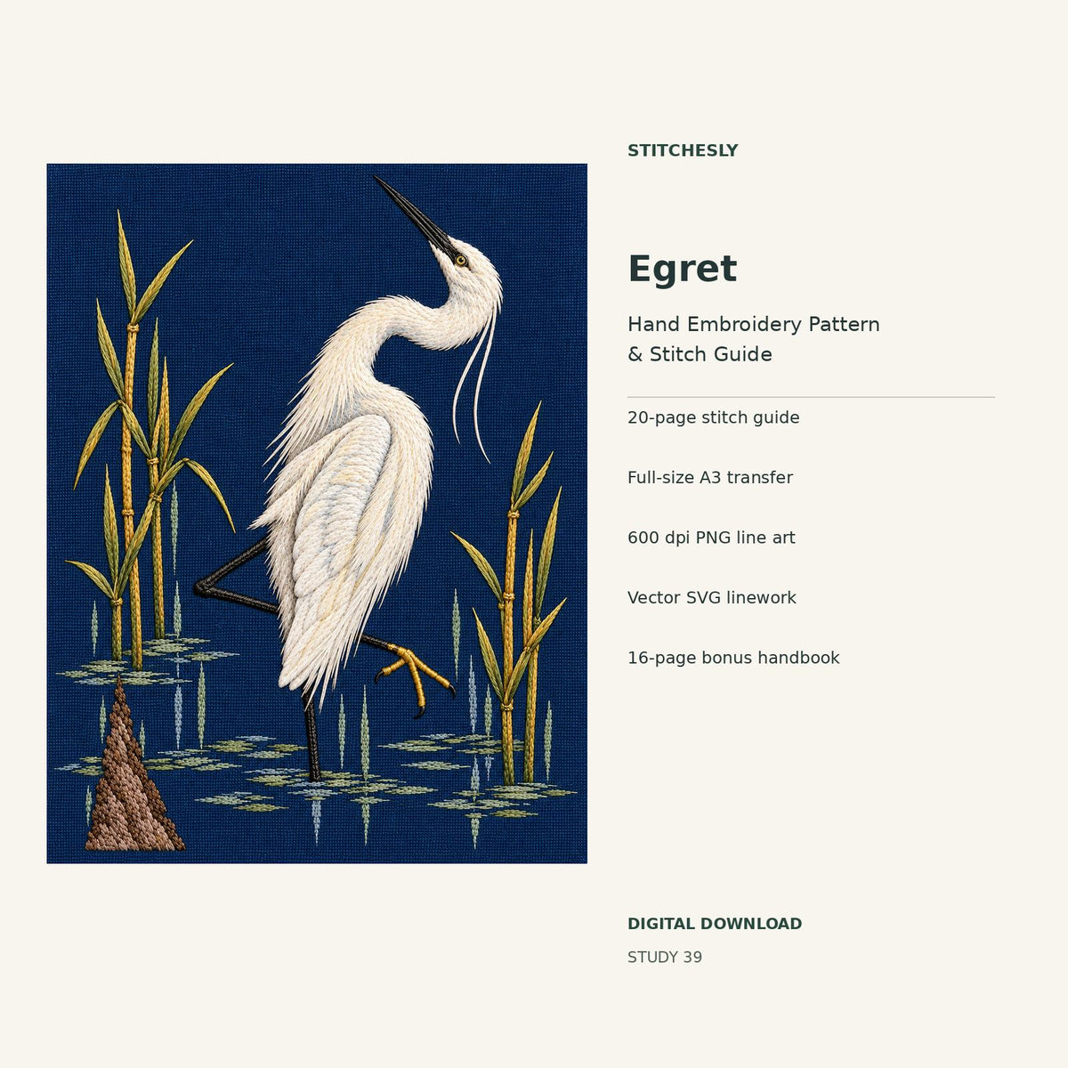Egret hand embroidery digital package cover showing the reference artwork and included guide, transfer, PNG, SVG and bonus handbook.