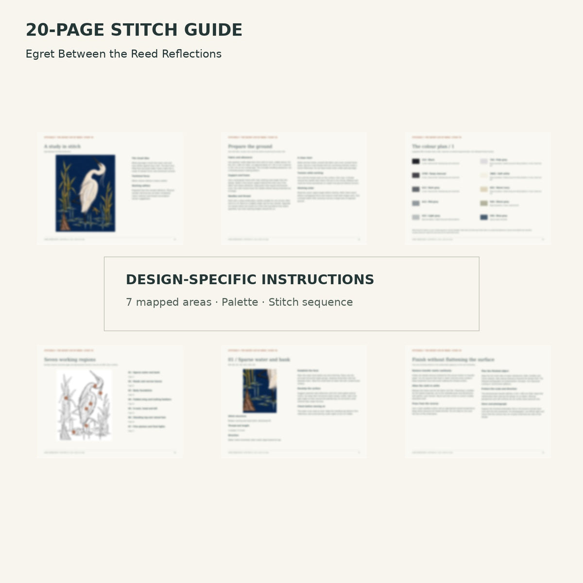 Protected page overview of the 20-page Egret stitch guide, including its numbered map, suggested palette and working sequence.