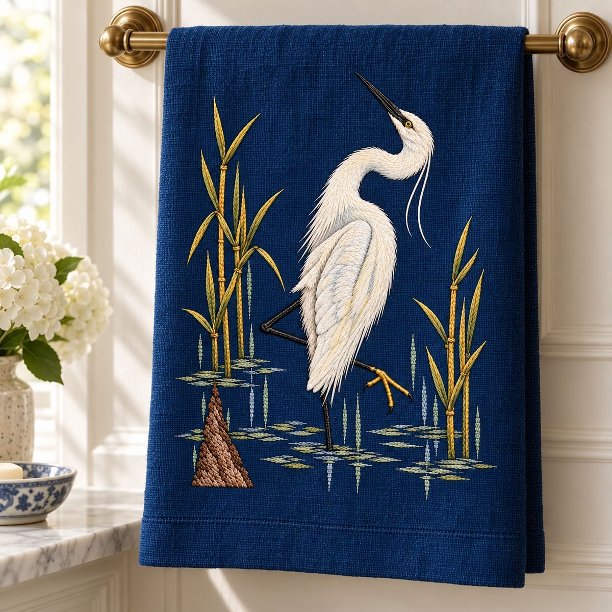Egret embroidery design in a digital mockup of deep blue linen guest towel hanging vertically from a brass rail with embroidery clear of folds. Placement inspiration for Study 39.