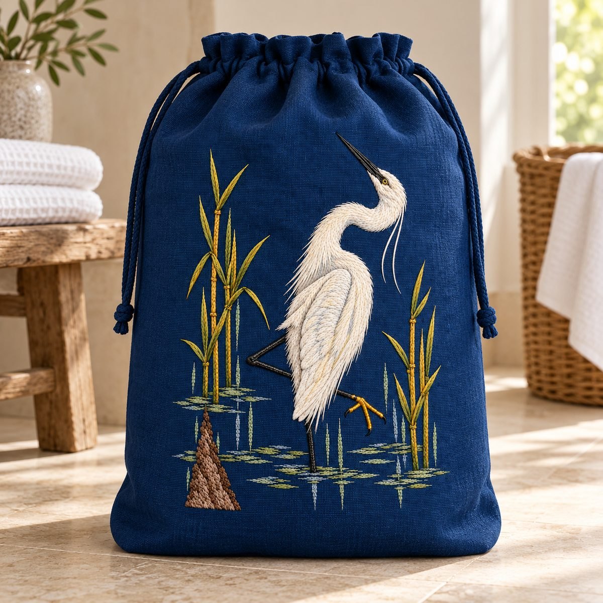 Egret embroidery design in a digital mockup of tall blue linen spa laundry bag on a pale stone floor, flat front panel fully visible. Placement inspiration for Study 39.