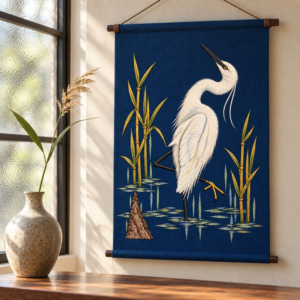 Egret embroidery design in a digital mockup of portrait embroidered blue linen wall scroll beside frosted glass and a single reed in a vase. Placement inspiration for Study 39.