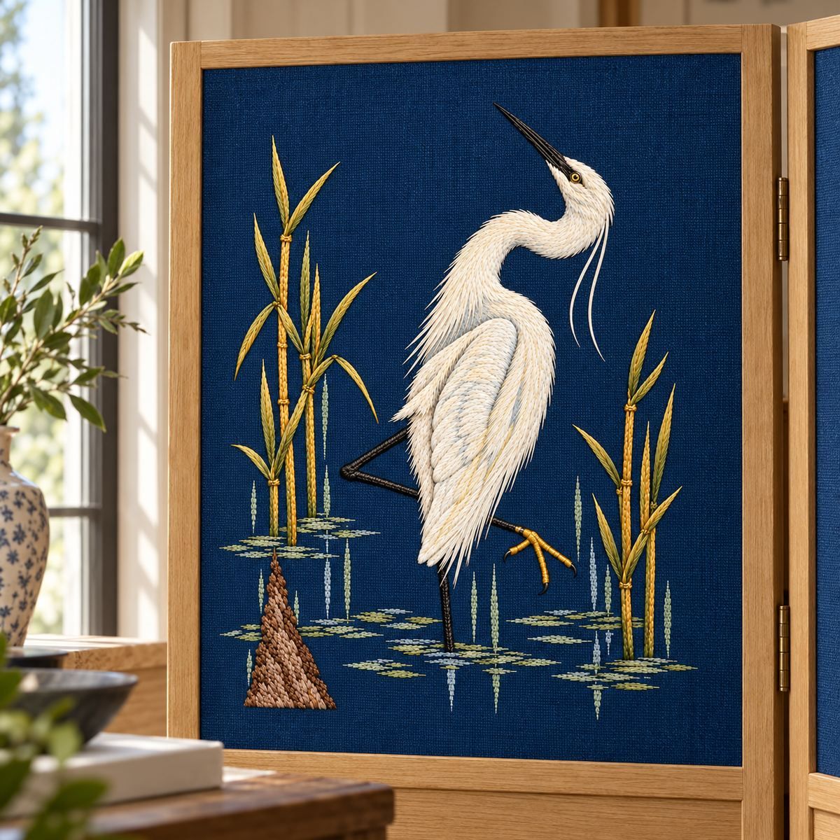 Egret embroidery design in a digital mockup of deep blue linen inset on a narrow pale-oak folding screen near a window, frontal view. Placement inspiration for Study 39.