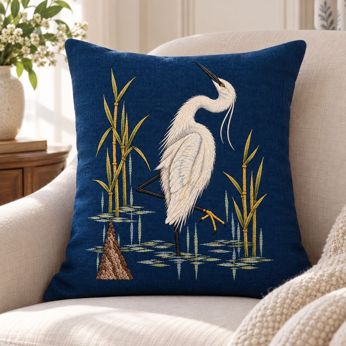 Egret embroidery design in a digital mockup of upright rectangular blue pillow on a pale upholstered bedroom chair. Placement inspiration for Study 39.