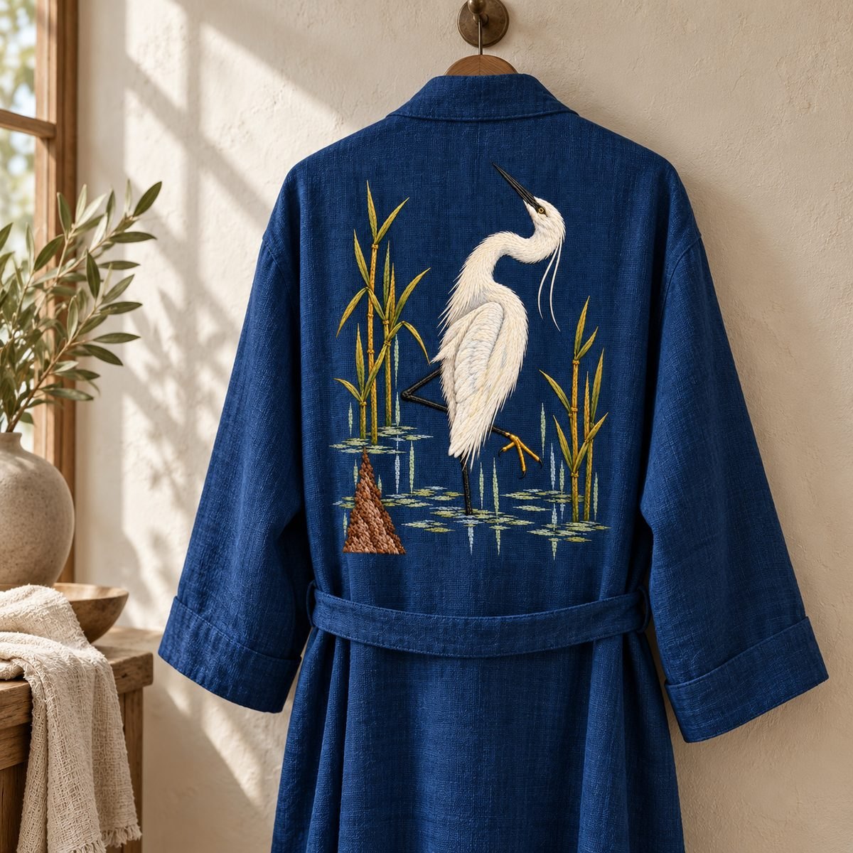 Egret embroidery design in a digital mockup of large blue linen robe hanging straight on a wall hook, full motif on back panel. Placement inspiration for Study 39.