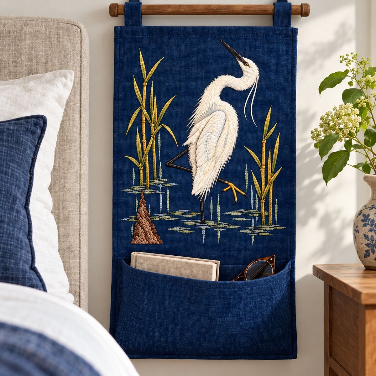 Egret embroidery design in a digital mockup of deep blue linen hanging bedside organizer, egret on upper flat panel and pocket below. Placement inspiration for Study 39.