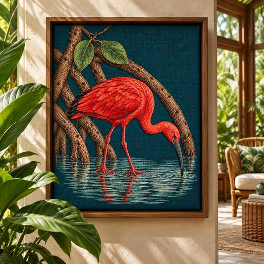 Scarlet Ibis embroidery design shown in a digital mockup of A flat peacock linen panel mounted inside a shadow box on a tropical conservatory wall, large leafy plant at frame edge not obscuring art. Study 40.