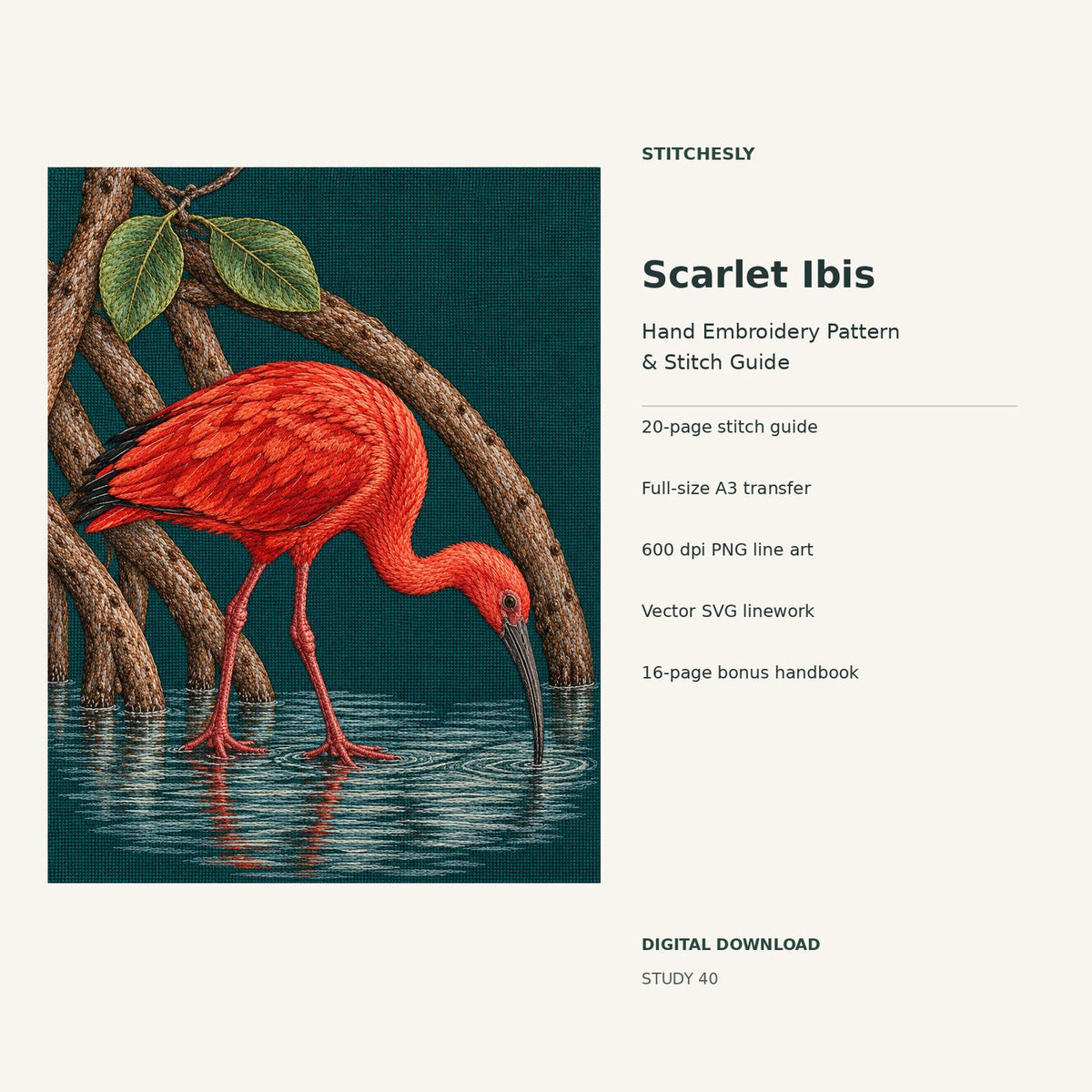Scarlet Ibis hand embroidery digital package cover showing the reference artwork and included guide, transfer, PNG, SVG and bonus handbook.