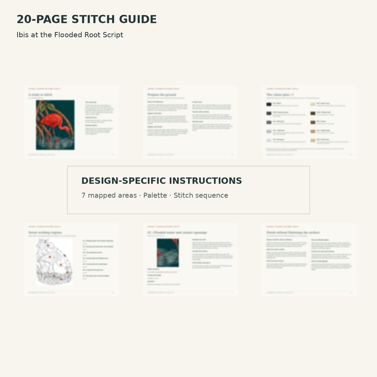 Protected page overview of the 20-page Scarlet Ibis stitch guide, including its numbered map, suggested palette and working sequence.