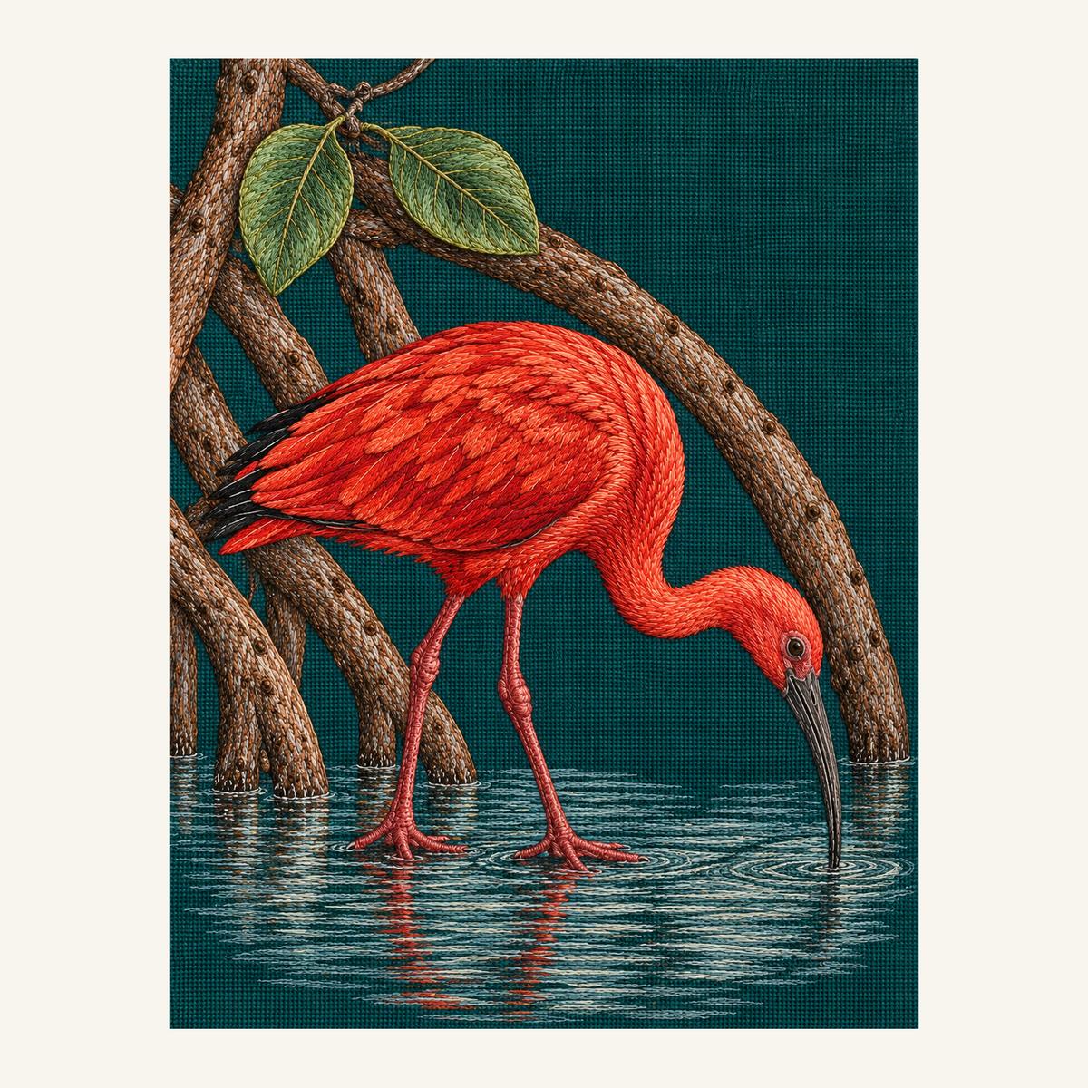 Digital embroidery reference showing a scarlet ibis among flooded roots on deep peacock-green linen, portrait composition.