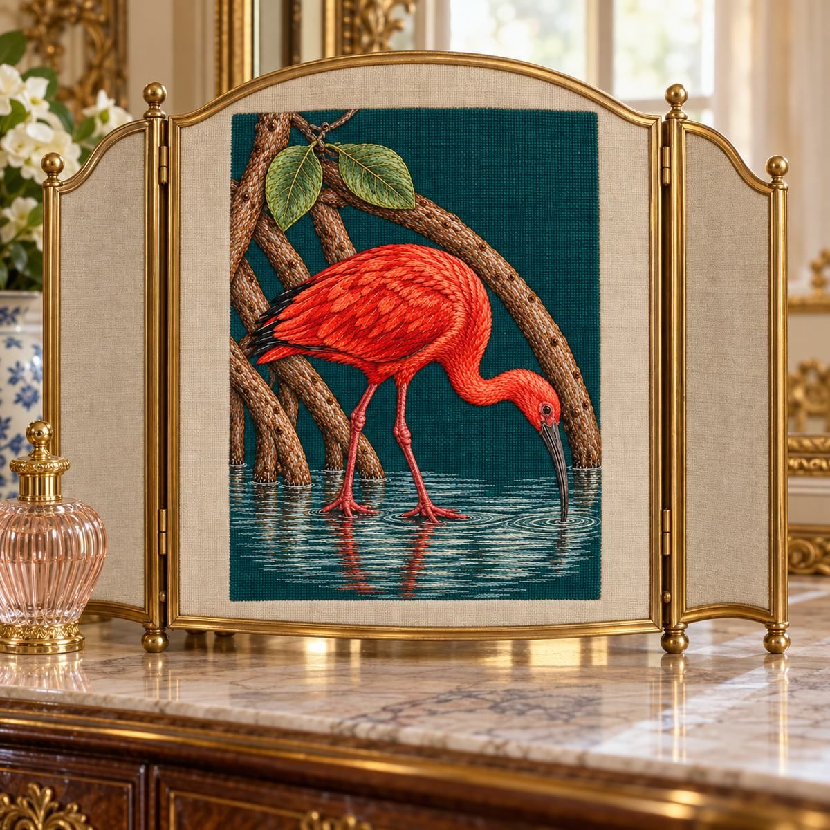 Scarlet Ibis embroidery design in a digital mockup of A deep peacock-green embroidered linen inset on the front of a freestanding folding dressing screen; brass border, coral-toned dressing room, front-on. Placement inspiration for Study 40.