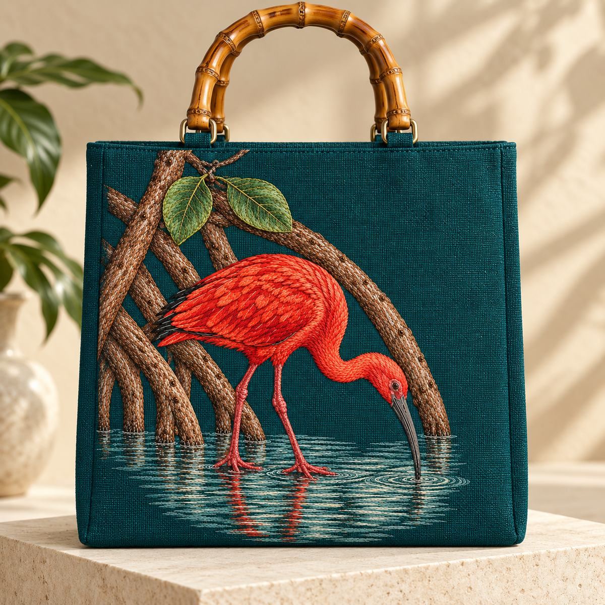 Scarlet Ibis embroidery design in a digital mockup of A structured peacock linen evening tote on a cream plinth, full portrait motif centered on uninterrupted flat front, short bamboo handles above artwork. Placement inspiration for Study 40.