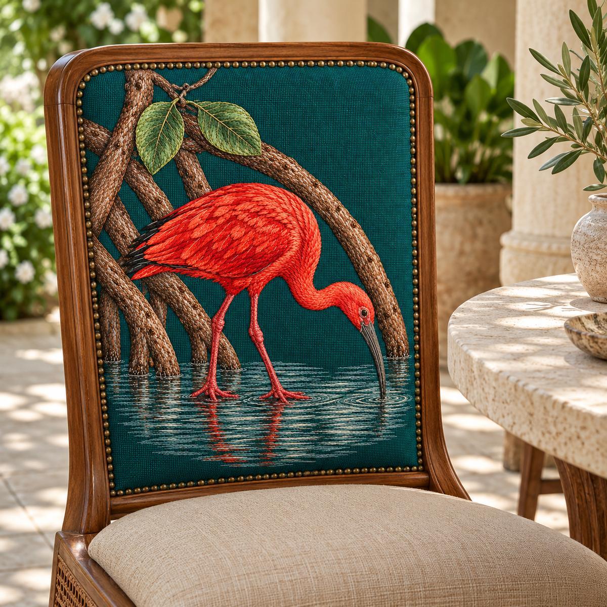 Scarlet Ibis embroidery design in a digital mockup of A upright upholstered seat-back panel on a cane dining chair in a shaded veranda; full embroidery visible, quiet limestone tabletop at side. Placement inspiration for Study 40.