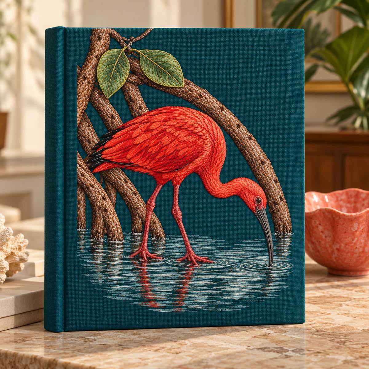 Scarlet Ibis embroidery design in a digital mockup of A large linen-covered keepsake album standing on its bottom edge, entire peacock embroidered front visible; coral ceramic bowl behind to side. Placement inspiration for Study 40.