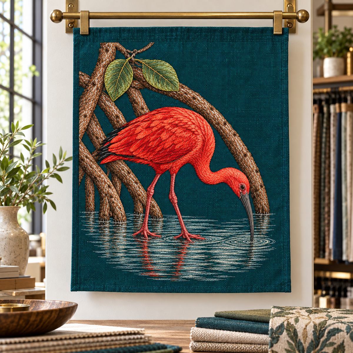 Scarlet Ibis embroidery design in a digital mockup of A peacock linen valance sample hung flat from a brass sample rail in an interior design studio; portrait motif centered, cloth edges fully visible. Placement inspiration for Study 40.