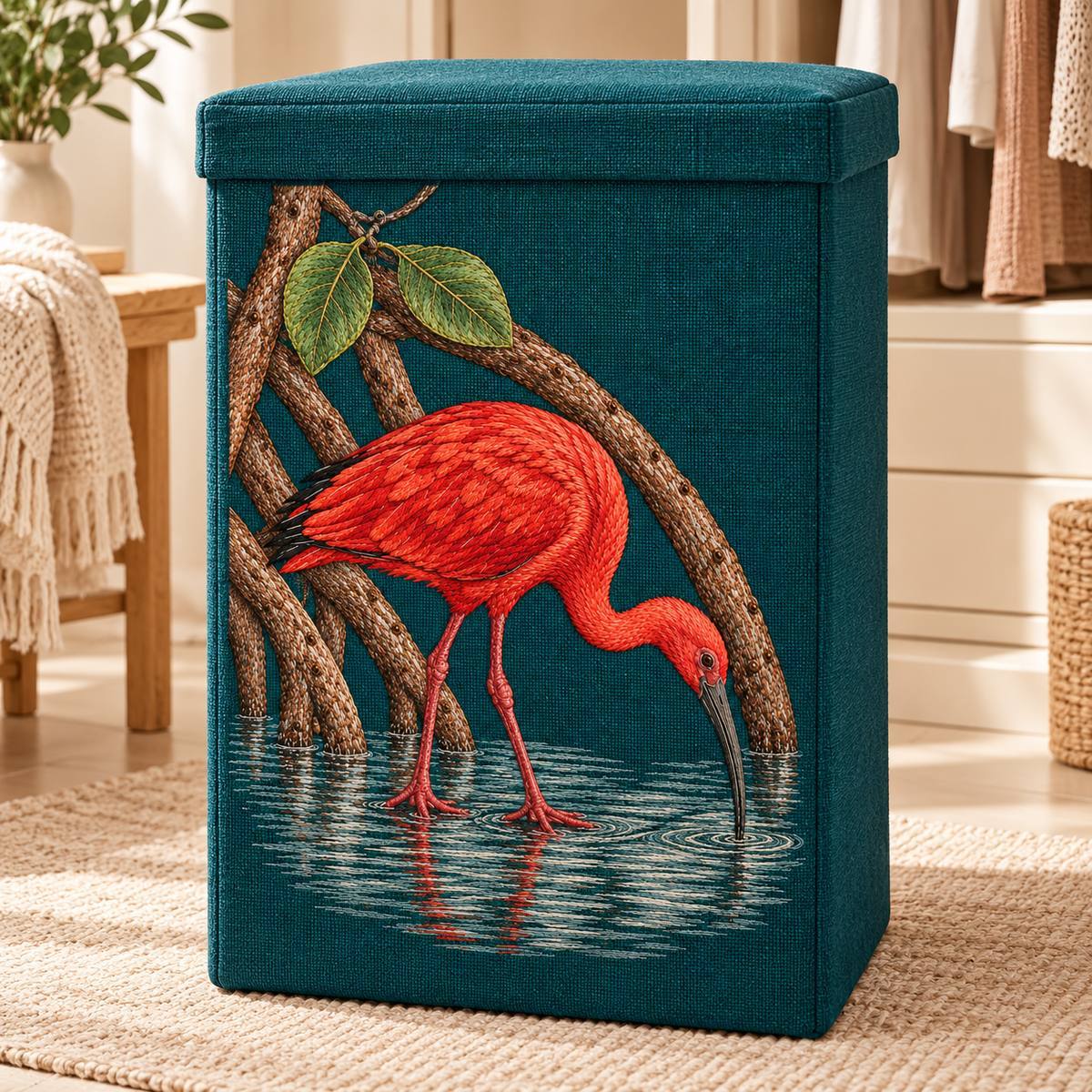 Scarlet Ibis embroidery design in a digital mockup of A flat embroidered front insert of a tall rectangular lidded linen storage hamper, no handles crossing art, warm white dressing-room floor. Placement inspiration for Study 40.