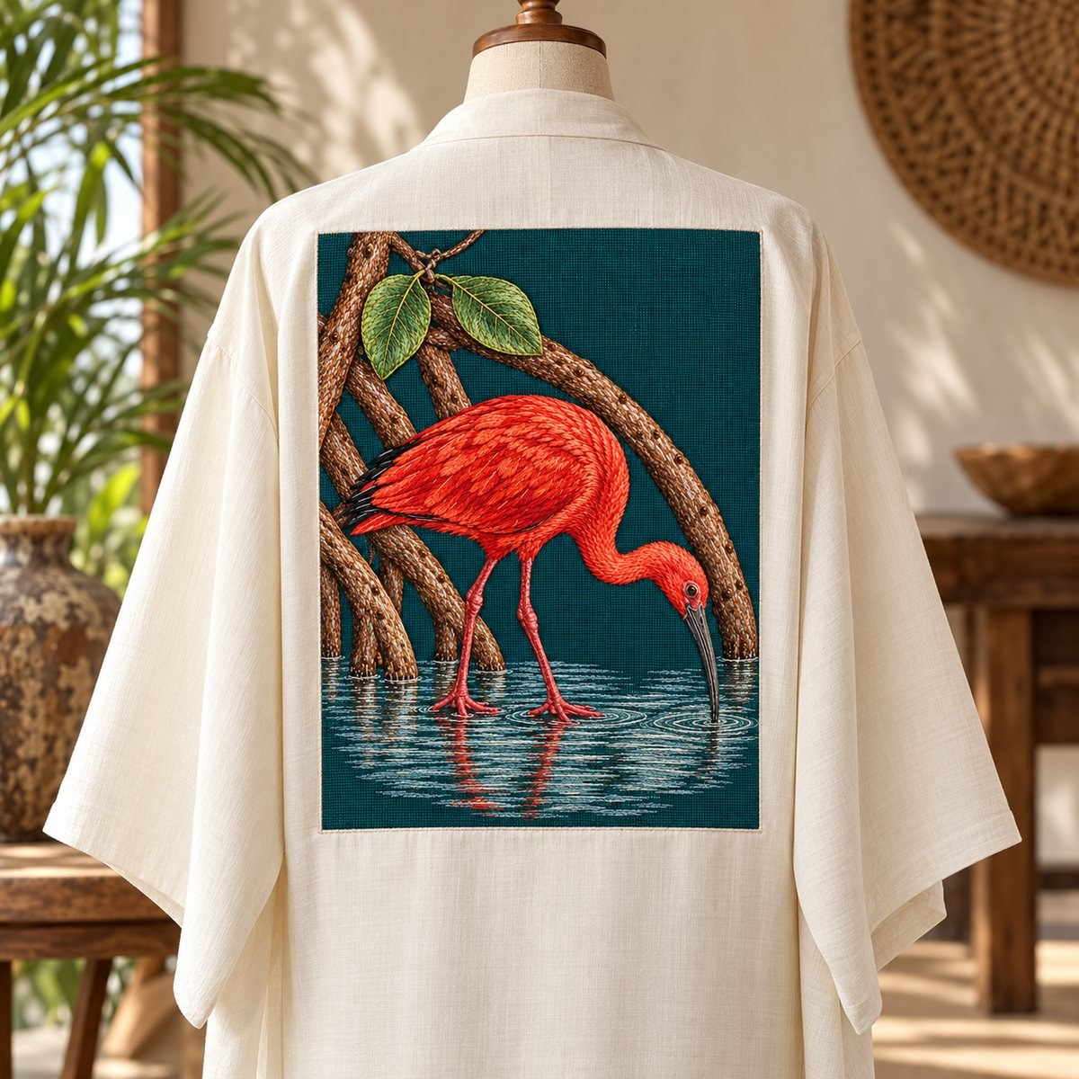 Scarlet Ibis embroidery design in a digital mockup of A embroidered detachable panel displayed flat on the back of a long plain cream kimono jacket on a dress form viewed from behind, full art visible with fabric smooth. Placement inspiration for Study 40.