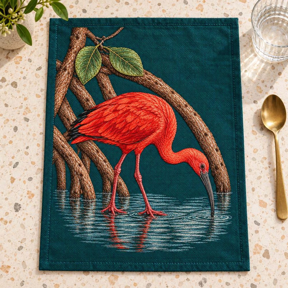 Scarlet Ibis embroidery design in a digital mockup of A portrait peacock linen table mat laid flat on pale terrazzo, photographed overhead; empty clear glass and brass spoon entirely outside embroidered field. Placement inspiration for Study 40.
