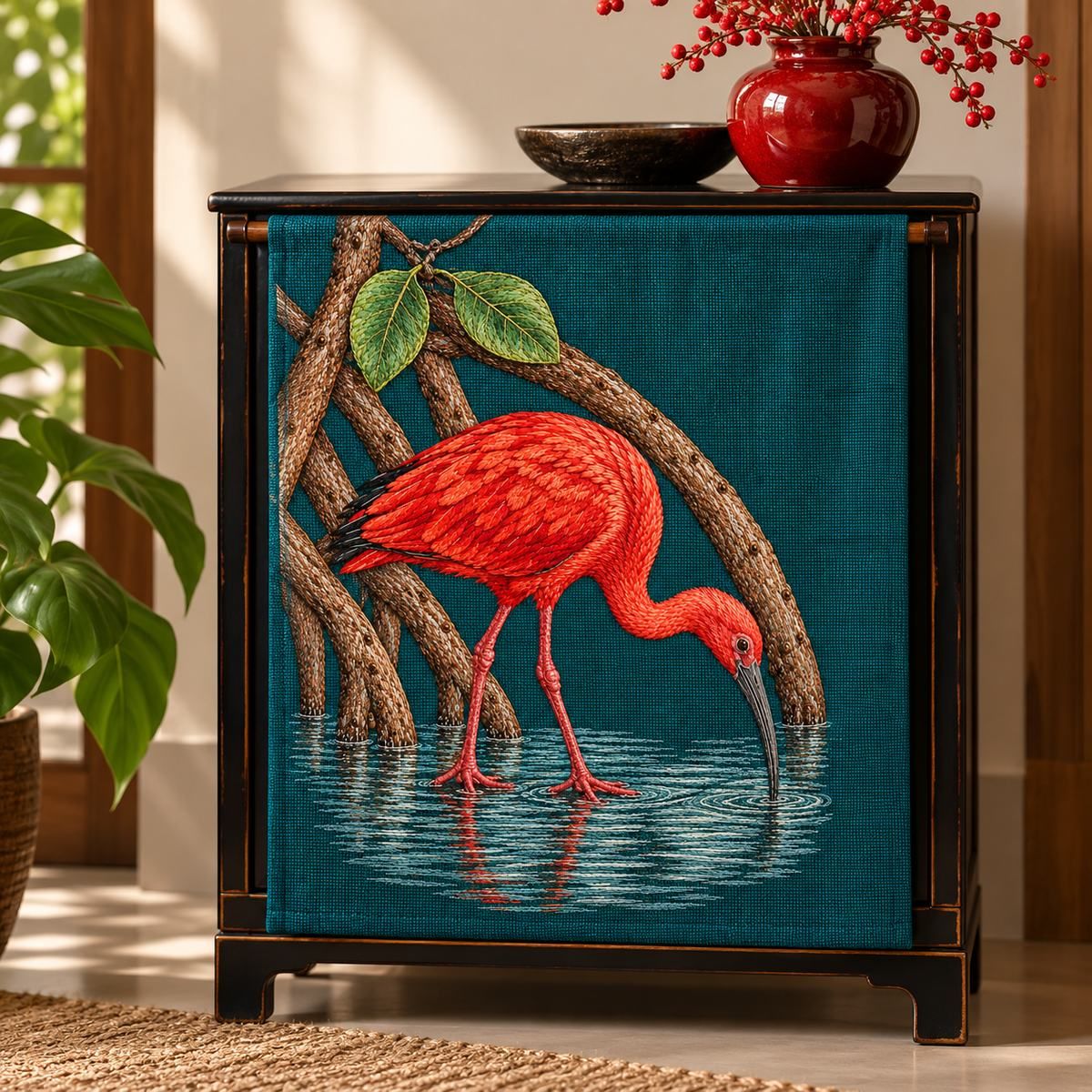 Scarlet Ibis embroidery design in a digital mockup of A inset peacock linen door curtain on a small freestanding lacquered cabinet, fabric hanging taut, scarlet accent vase beside cabinet. Placement inspiration for Study 40.