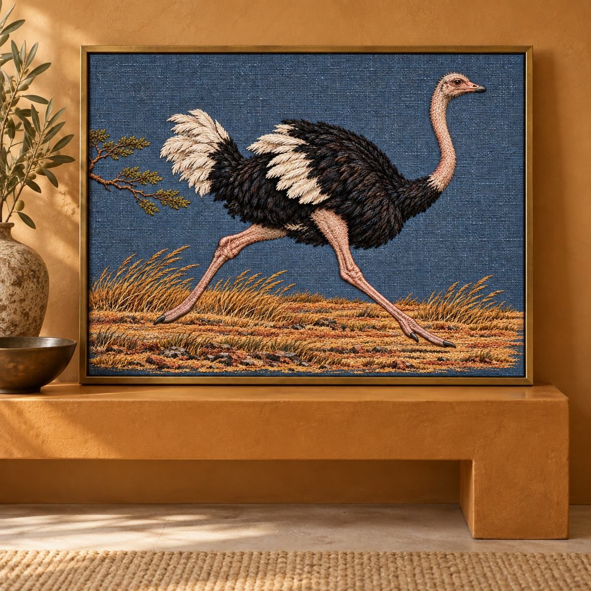 Ostrich embroidery design shown in a digital mockup of A wide mounted textile in a shallow aged brass frame resting horizontally on an ochre console, open floor space around it. Study 41.
