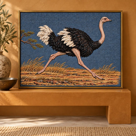 Ostrich embroidery design shown in a digital mockup of A wide mounted textile in a shallow aged brass frame resting horizontally on an ochre console, open floor space around it. Study 41.