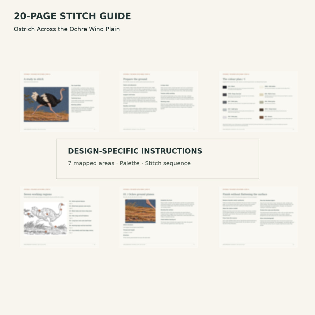 Protected page overview of the 20-page Ostrich stitch guide, including its numbered map, suggested palette and working sequence.