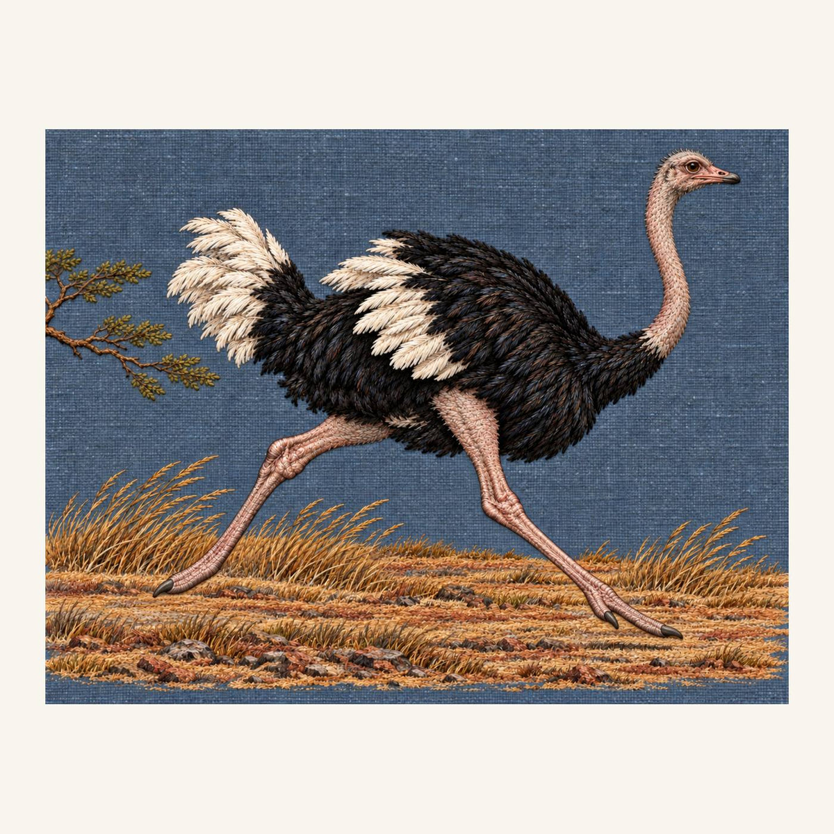 Digital embroidery reference showing an ostrich running across ochre grass on smoky blue-slate linen, landscape composition.