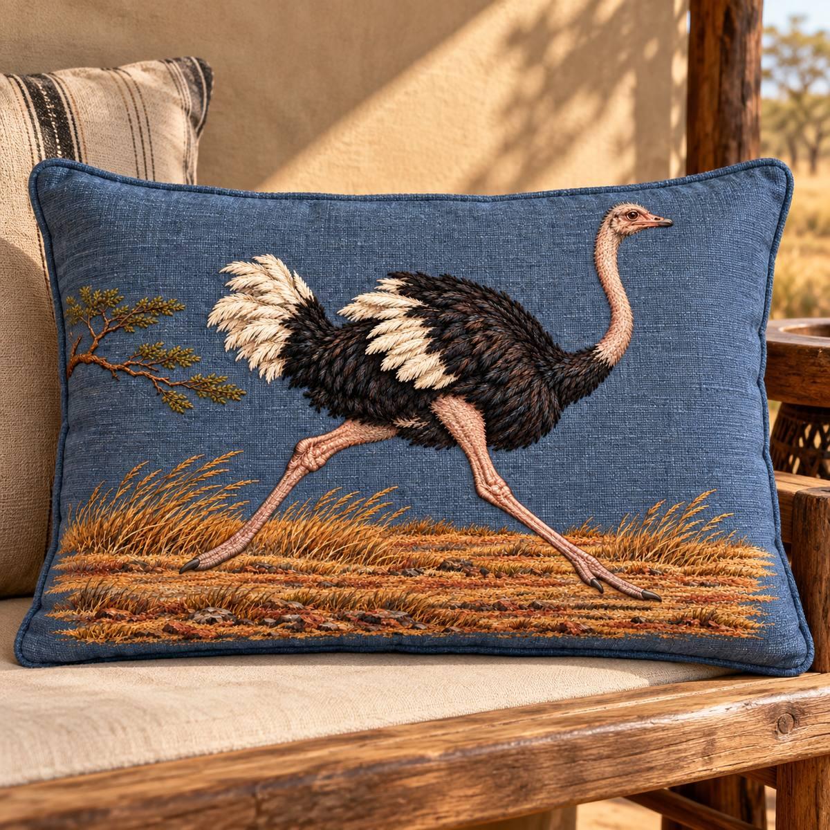 Ostrich embroidery design in a digital mockup of A blue-slate rectangular travel cushion lying horizontally on a safari lodge bench; landscape ostrich motif complete, warm sun, canvas wall background. Placement inspiration for Study 41.