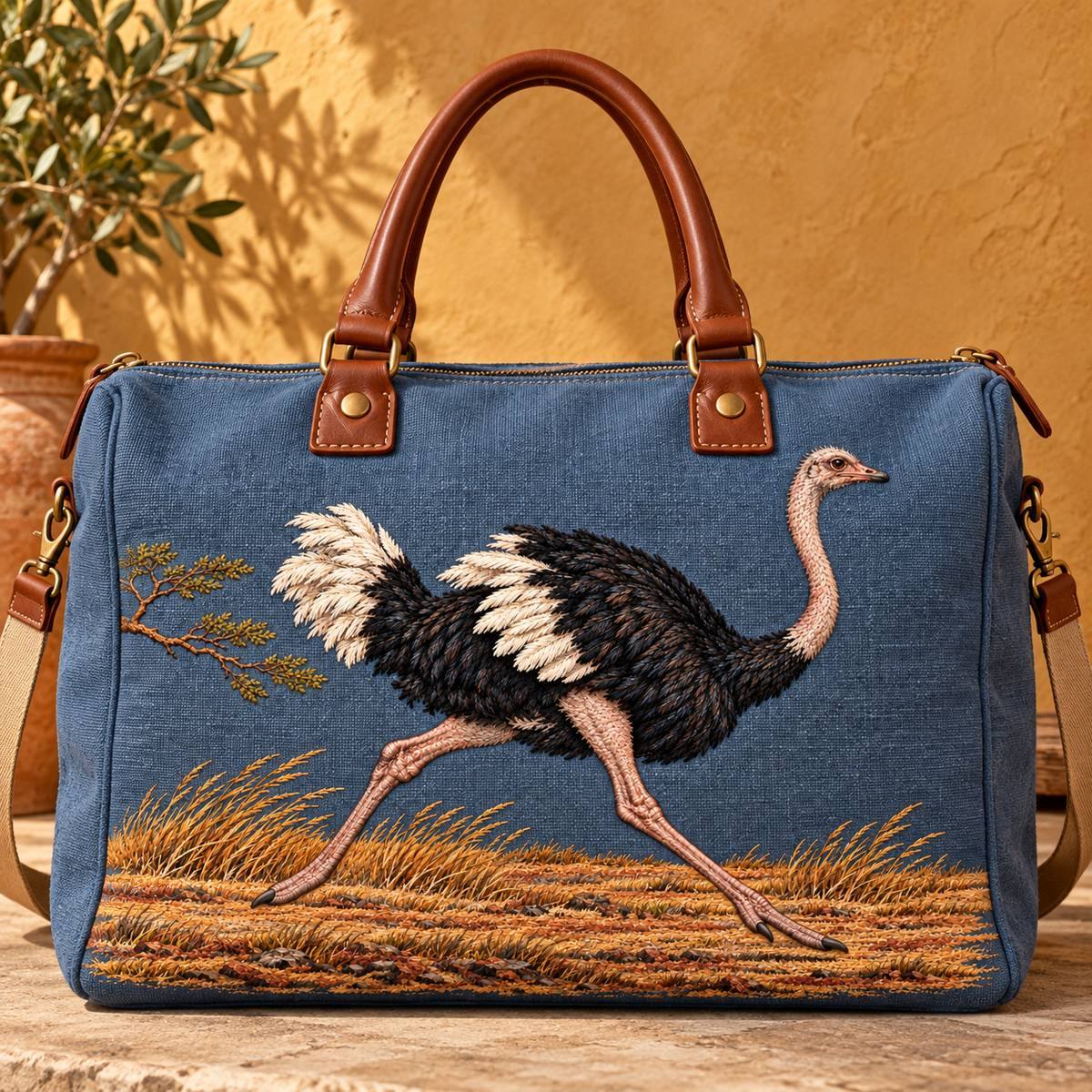 Ostrich embroidery design in a digital mockup of A wide structured canvas weekender bag with flat blue-slate embroidered front, leather handles ABOVE motif, shown straight-on against ochre plaster. Placement inspiration for Study 41.