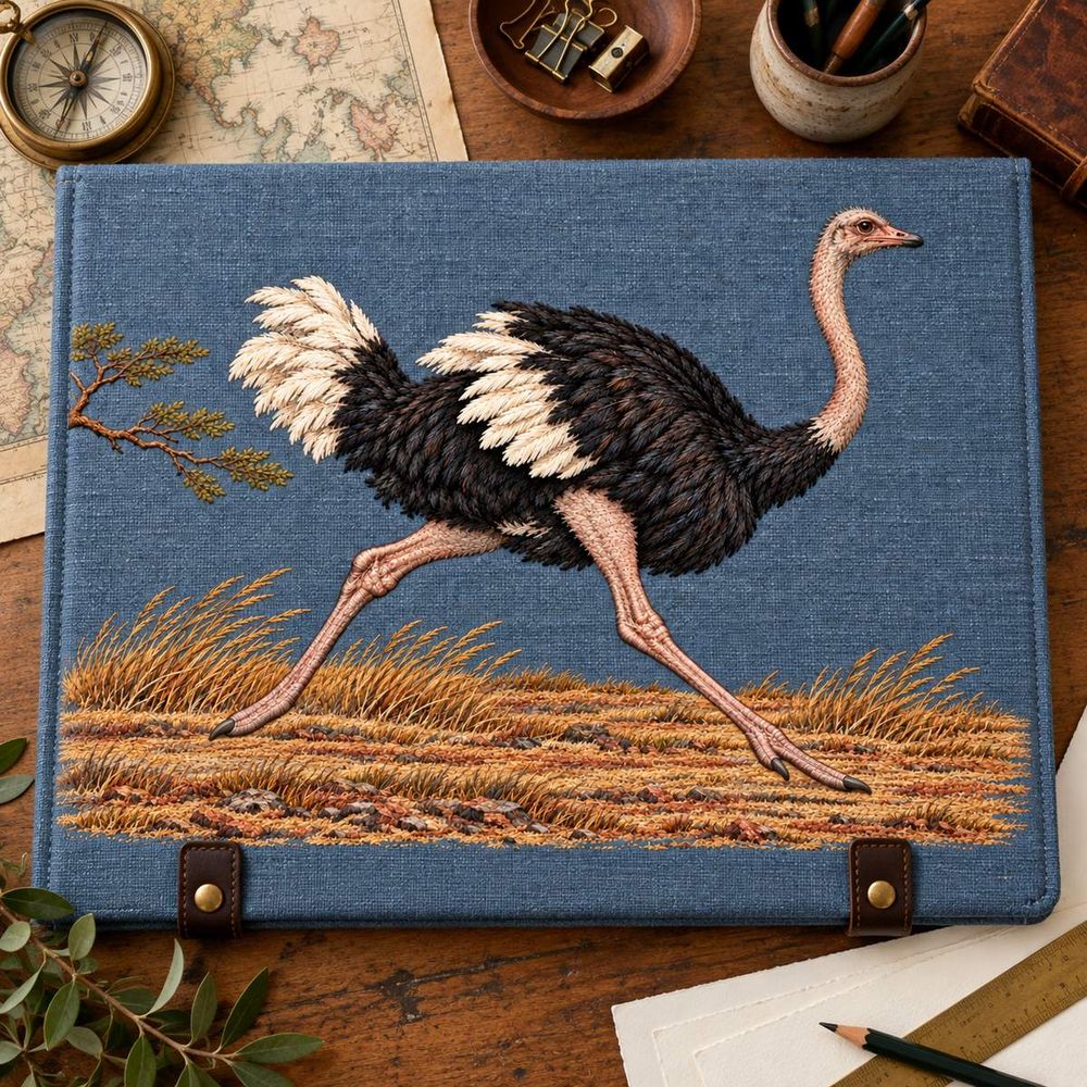 Ostrich embroidery design in a digital mockup of A landscape linen-covered drawing portfolio lying flat on a map-maker's desk, blank papers off to side, overhead shot, motif unbroken. Placement inspiration for Study 41.