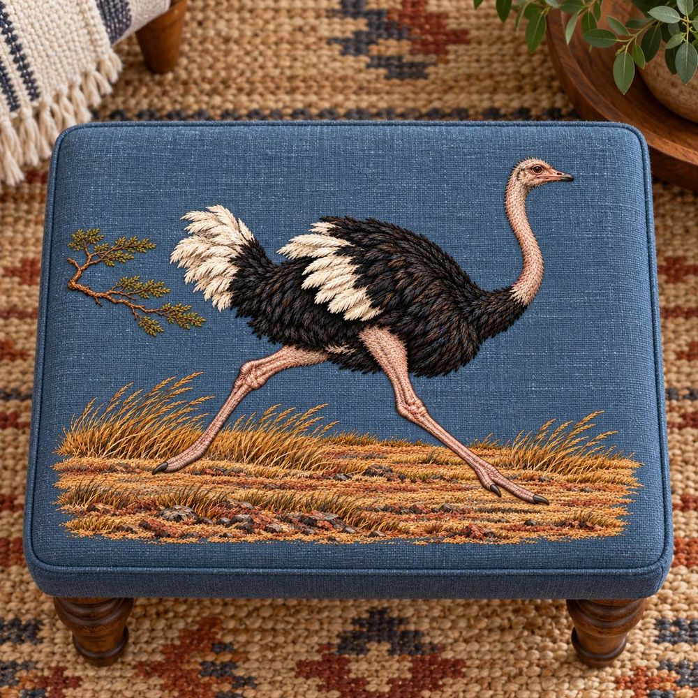 Ostrich embroidery design in a digital mockup of A wide blue-slate linen footstool top, full embroidery on horizontal planar top, overhead view, woven desert rug below. Placement inspiration for Study 41.