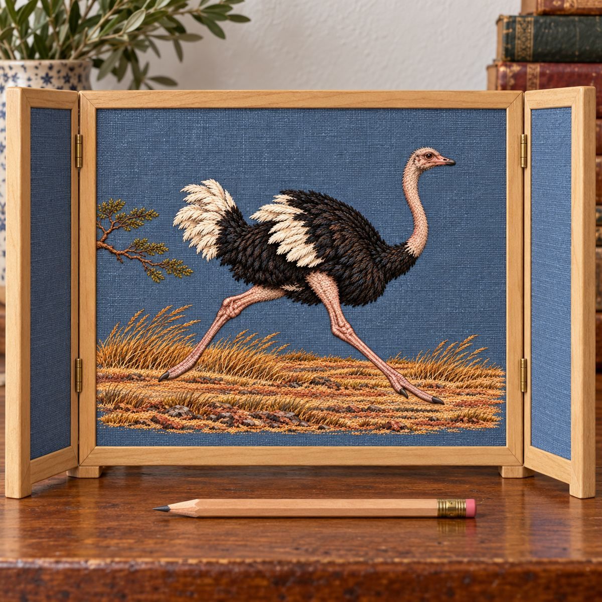 Ostrich embroidery design in a digital mockup of A rectangular inset of embroidery in a blond wood room-divider panel, landscape motif at eye level; sunlit gallery with clay floor. Placement inspiration for Study 41.