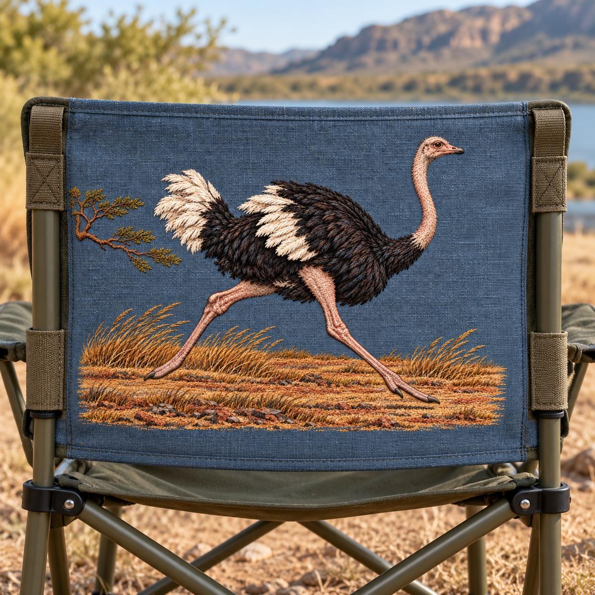 Ostrich embroidery design in a digital mockup of A wide linen drum-stool back cover on a low folding camp chair viewed from rear, flat blue-slate back panel, straps outside artwork. Placement inspiration for Study 41.