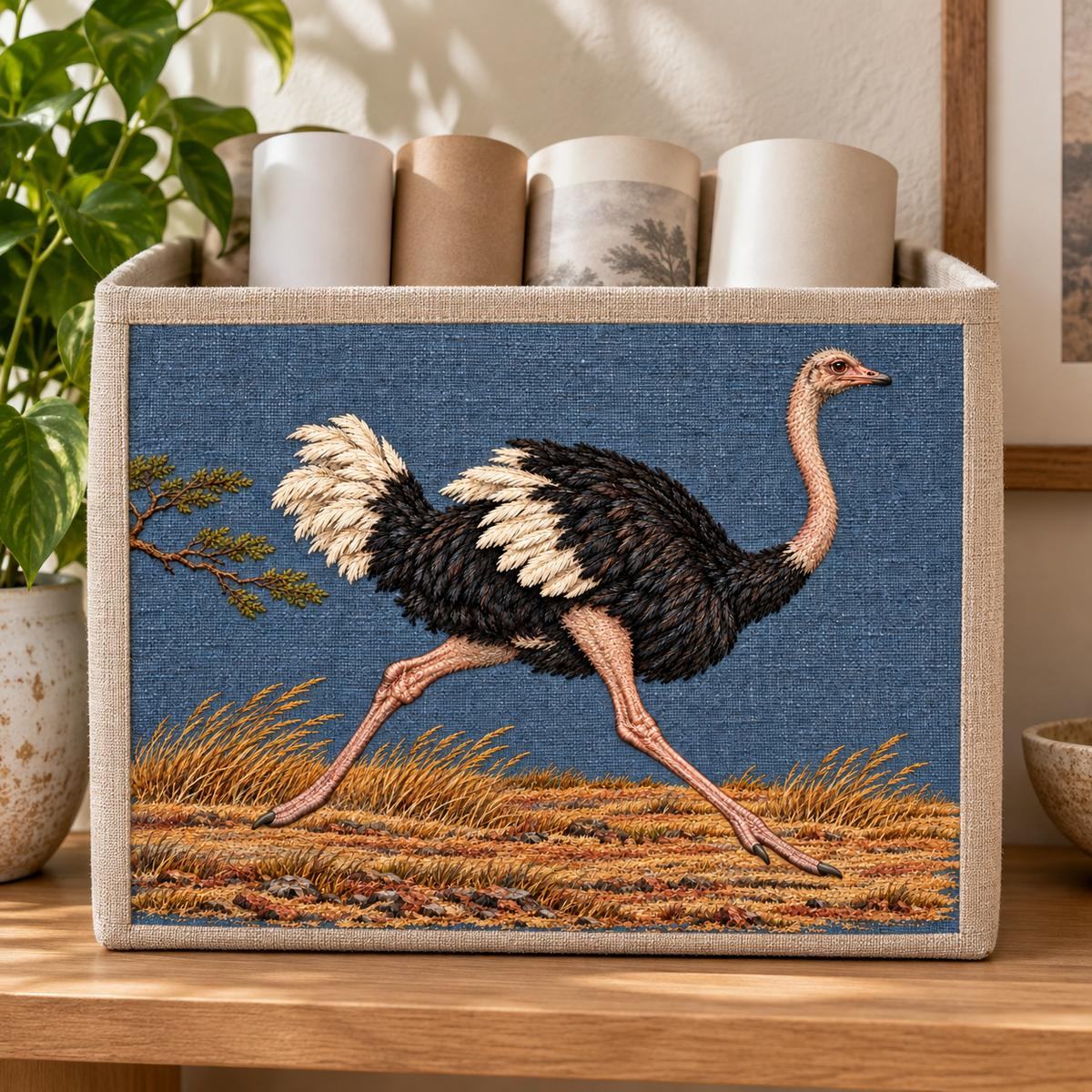 Ostrich embroidery design in a digital mockup of A embroidered front of a wide linen magazine carrier standing on a low shelf, rigid panel, plain rolled paper visible only above edge. Placement inspiration for Study 41.