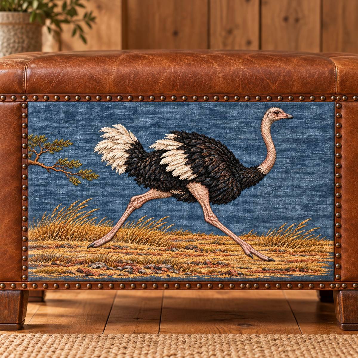 Ostrich embroidery design in a digital mockup of A landscape textile panel on a broad leather bench apron, hanging vertical face but DESIGN remains landscape and head upright; warm timber studio. Placement inspiration for Study 41.