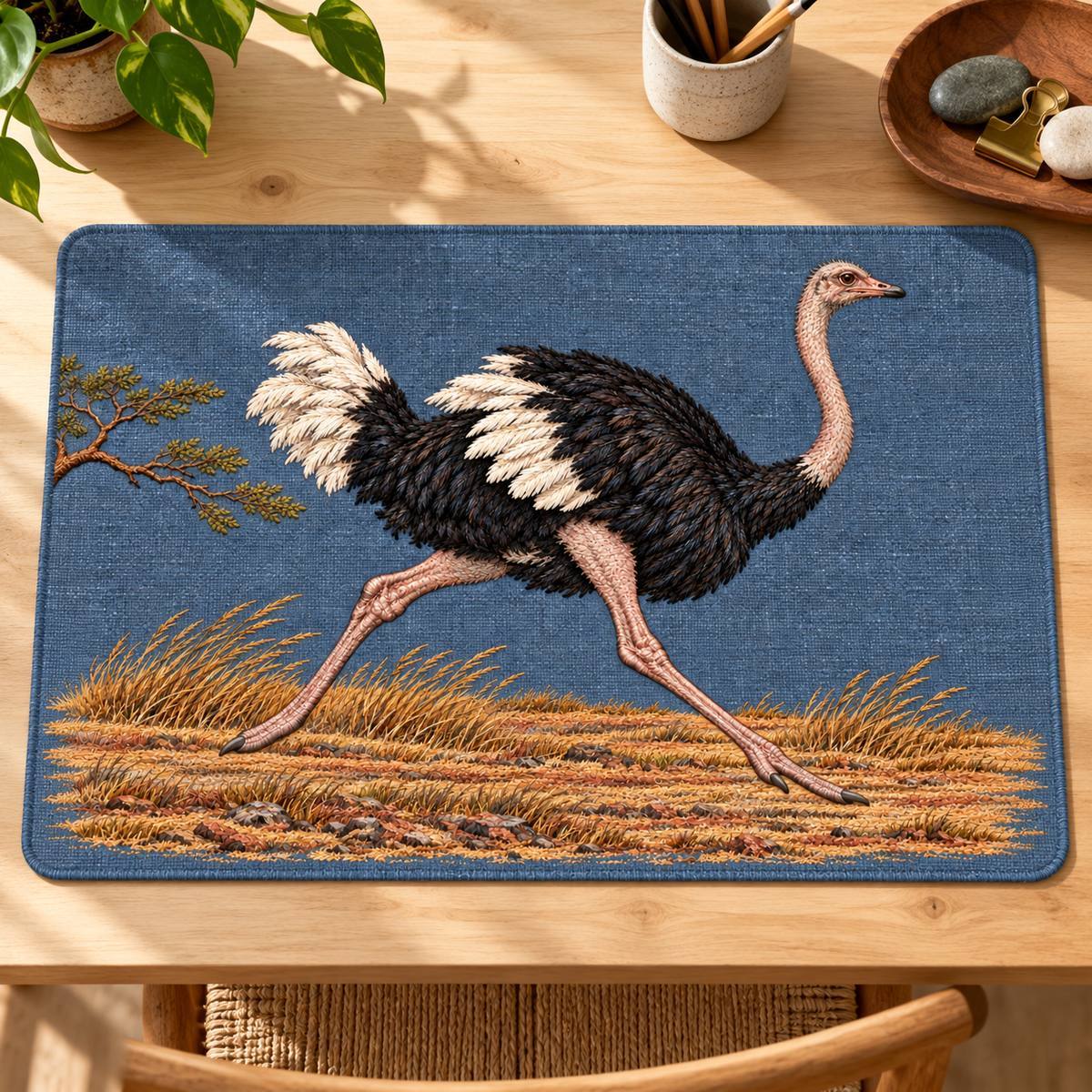 Ostrich embroidery design in a digital mockup of A detachable blue-slate linen desk mat on a large pale wood drafting table, top-down, long horizontal design, rulers kept outside field. Placement inspiration for Study 41.