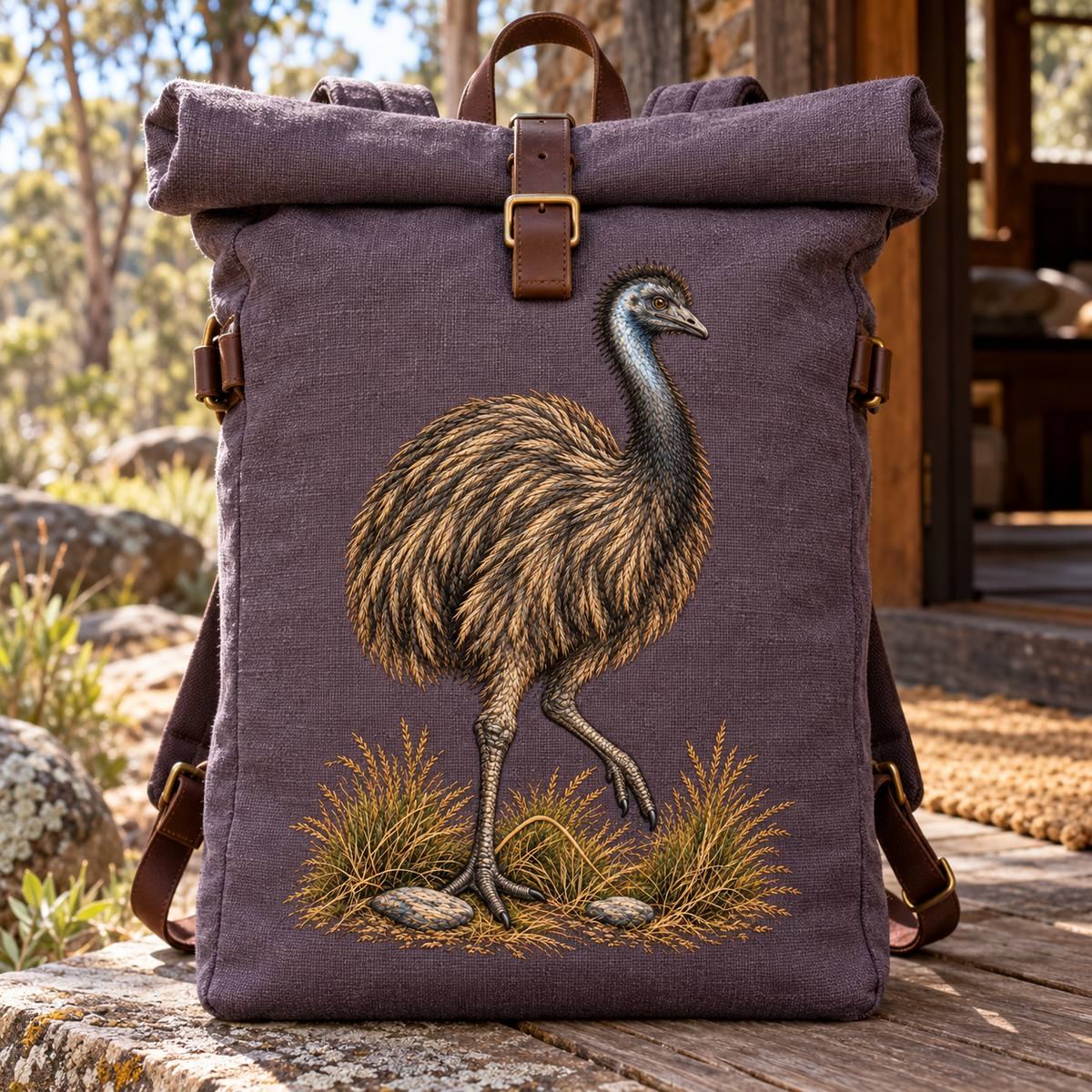 Emu embroidery design shown in a digital mockup of A aubergine-grey embroidered linen front of a tall roll-top daypack standing upright, straps and roll-top outside motif, Australian bush cabin entrance. Study 42.