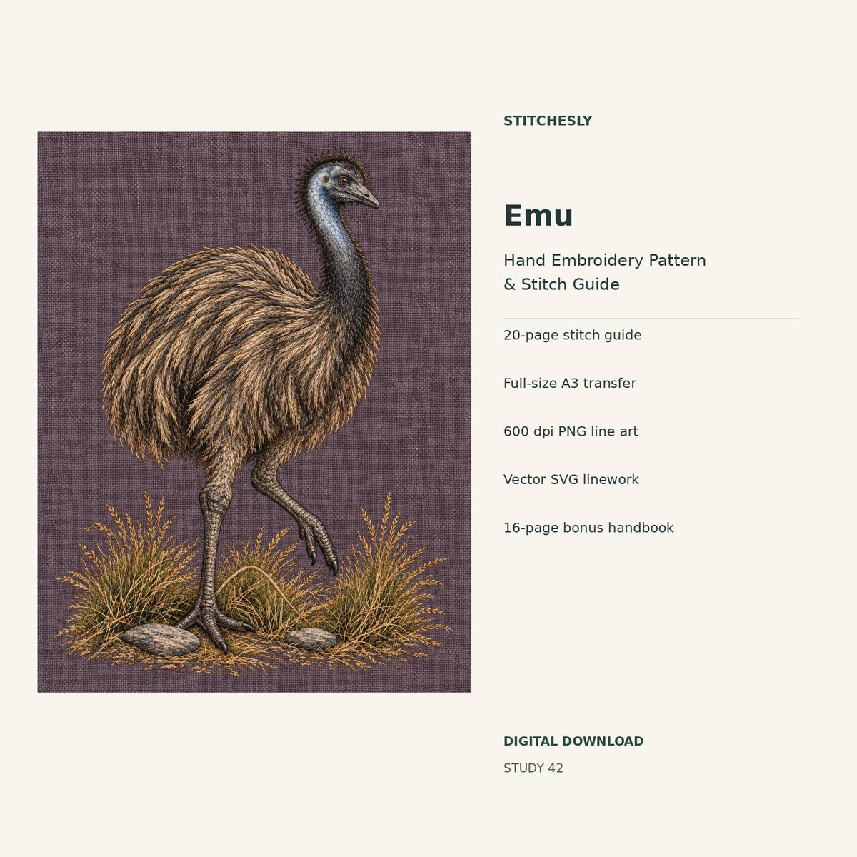 Emu hand embroidery digital package cover showing the reference artwork and included guide, transfer, PNG, SVG and bonus handbook.