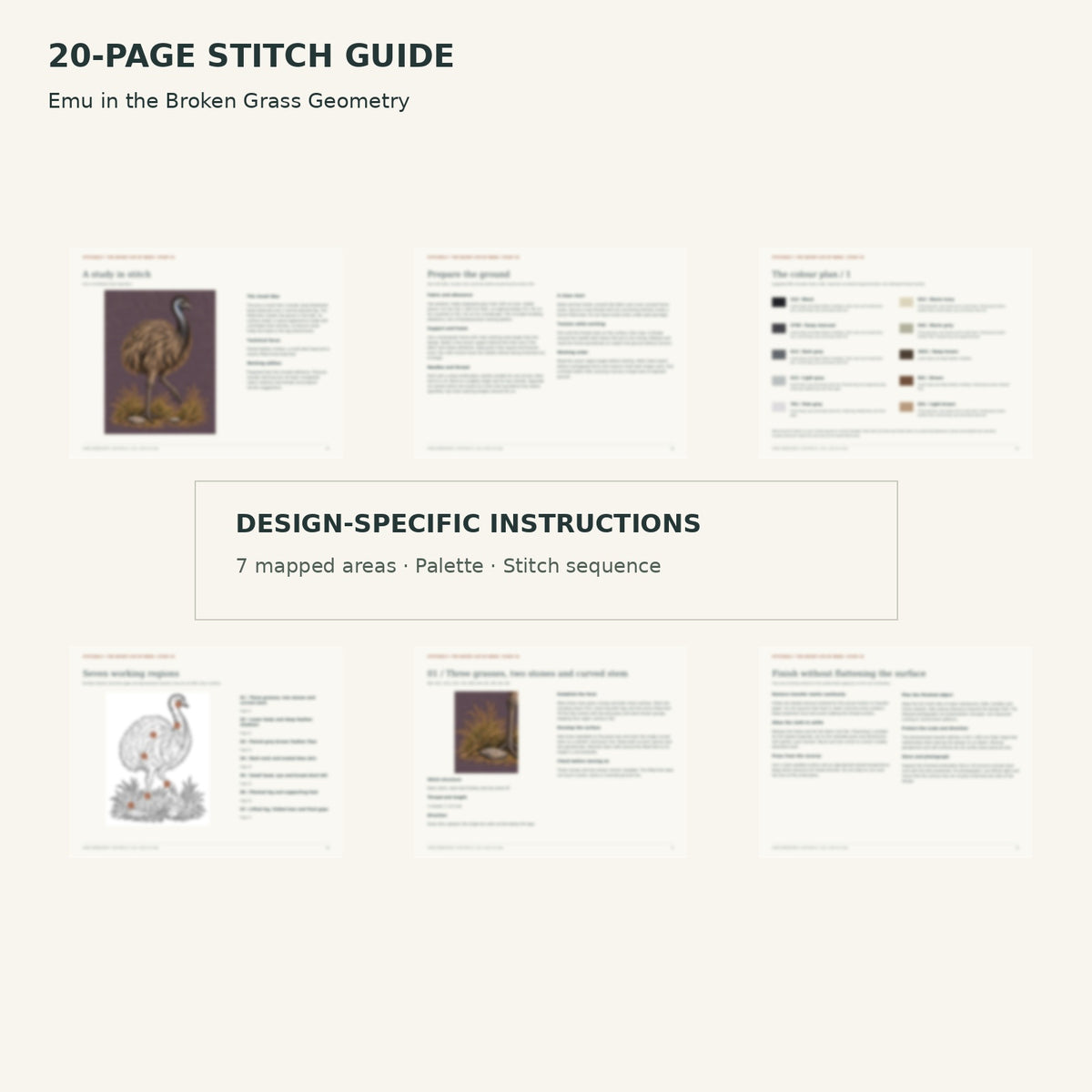 Protected page overview of the 20-page Emu stitch guide, including its numbered map, suggested palette and working sequence.
