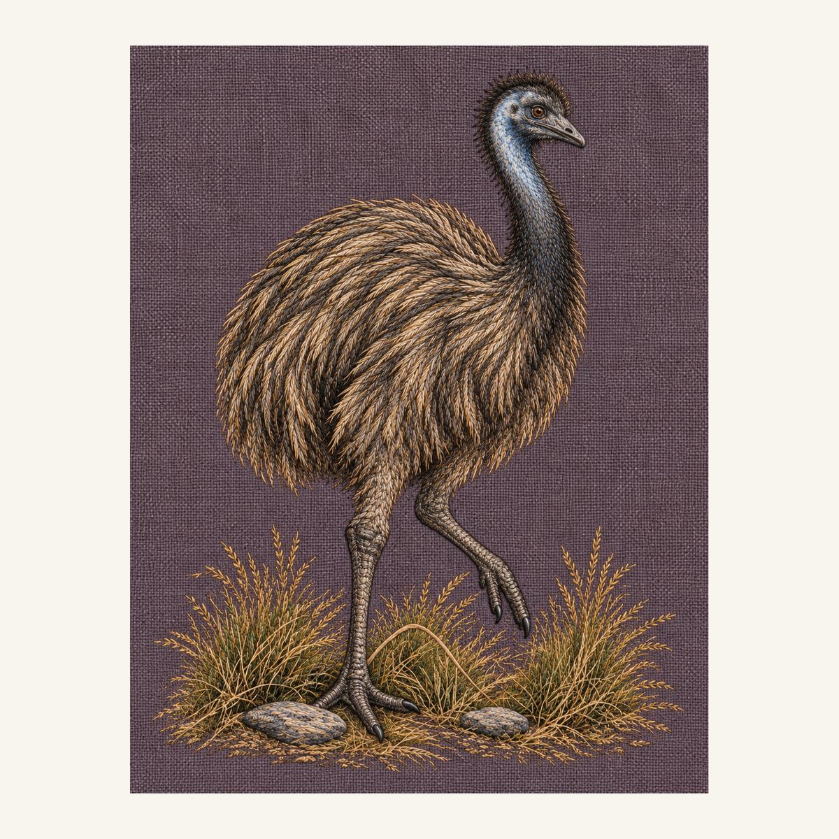 Digital embroidery reference showing an emu stepping through broken grass on aubergine-grey linen, portrait composition.