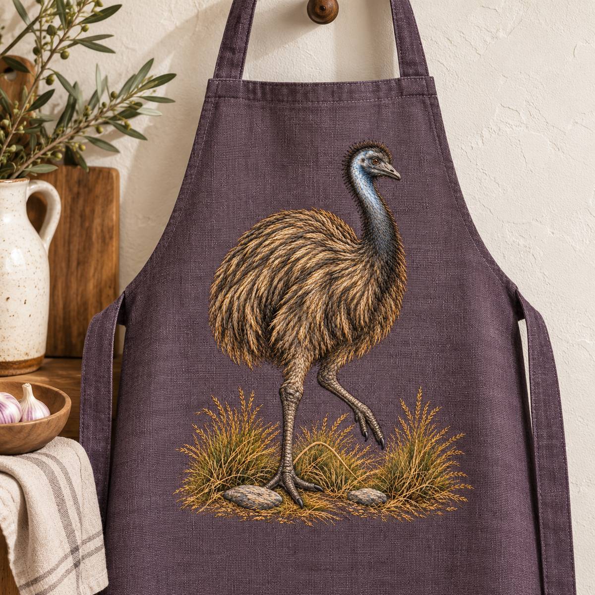 Emu embroidery design in a digital mockup of A portrait embroidered panel on a plain linen work apron hanging smoothly from peg; straps above, no person, full bird and feet visible. Placement inspiration for Study 42.