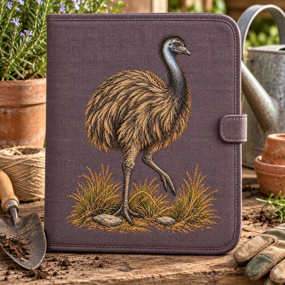 Emu embroidery design in a digital mockup of A stiff linen gardening-tool folio standing closed against potting bench, embroidered face unobstructed, tools beside never over artwork. Placement inspiration for Study 42.