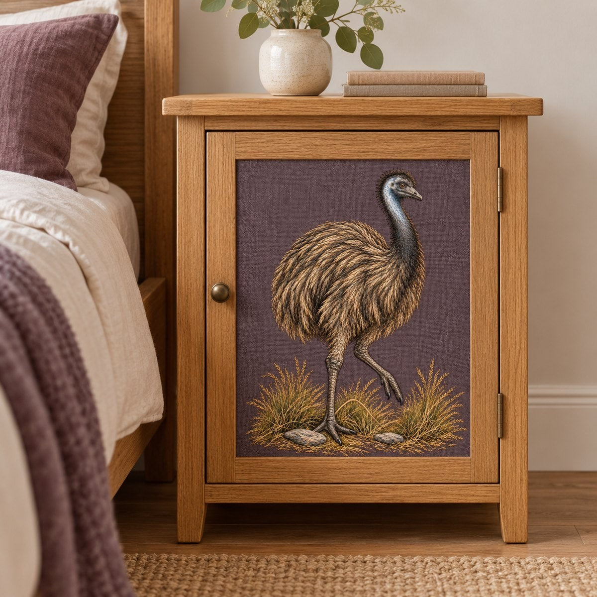 Emu embroidery design in a digital mockup of A tall aubergine textile inset on an oak wardrobe door, emu upright, minimal airy rural bedroom, front-on natural light. Placement inspiration for Study 42.