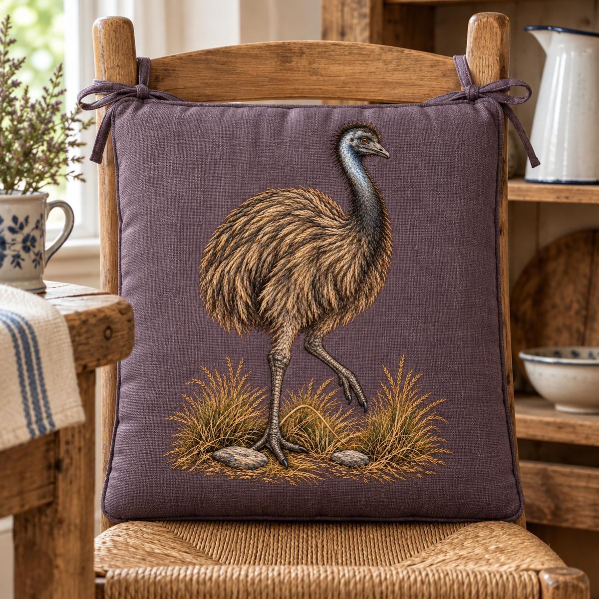 Emu embroidery design in a digital mockup of A tall embroidered chair pad on a simple kitchen chair back, aubergine-grey fine linen, enamel jug on adjacent shelf. Placement inspiration for Study 42.