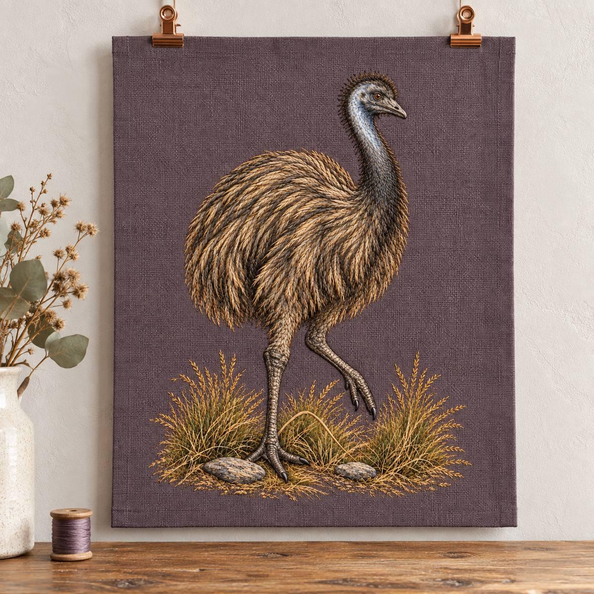 Emu embroidery design in a digital mockup of A portrait linen panel hung by two copper clips in a textile atelier, thread spools far to side, art flat without pulled corners. Placement inspiration for Study 42.