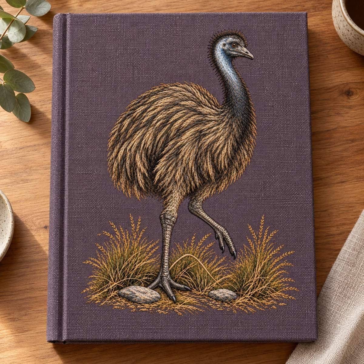 Emu embroidery design in a digital mockup of A large linen-covered family photo album lying flat on gumwood desk, overhead, no typography, emu artwork centered upright within portrait cover. Placement inspiration for Study 42.