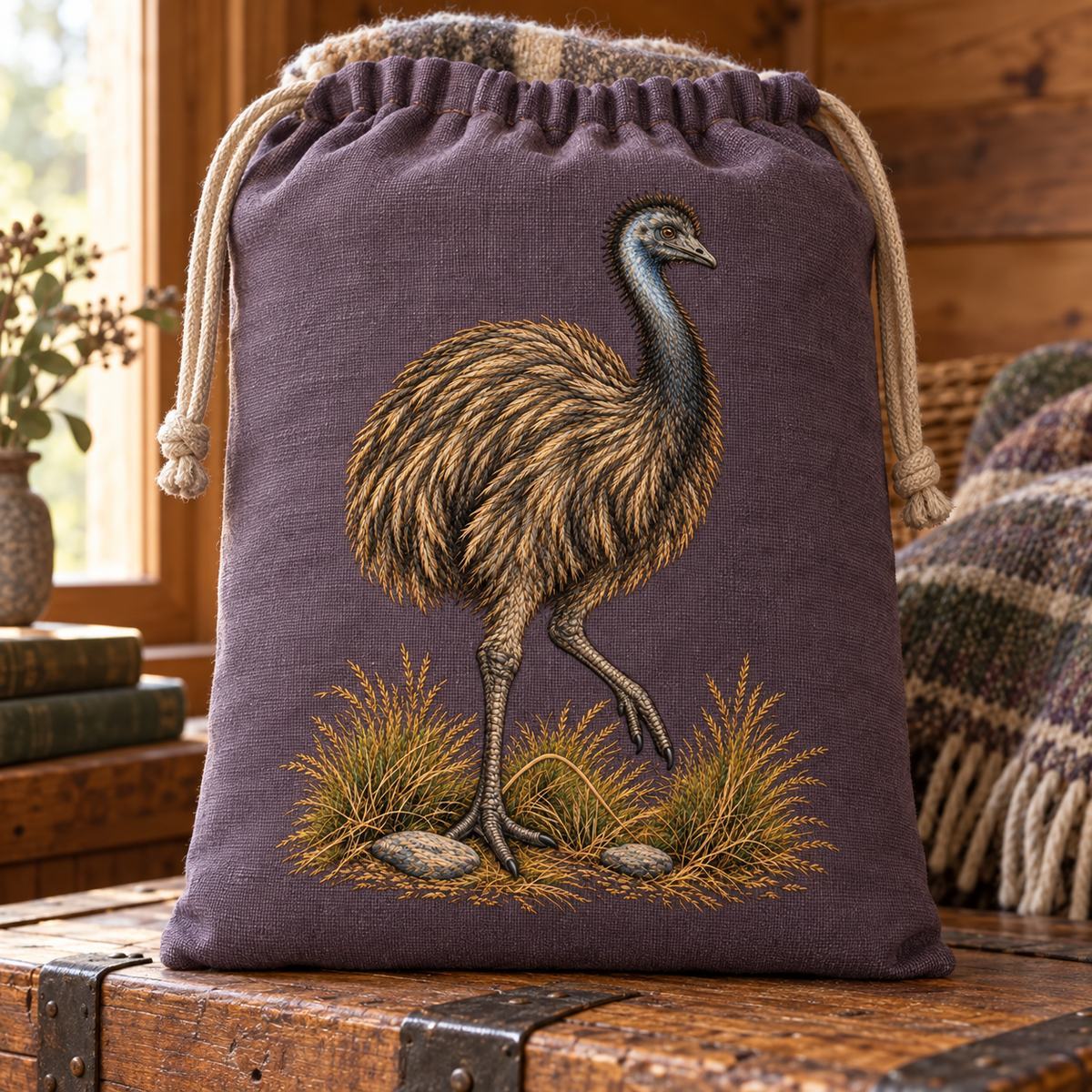 Emu embroidery design in a digital mockup of A embroidered linen pouch for a folded blanket, tall rigid rectangular front panel, drawstring opening well above head, resting on a cabin chest. Placement inspiration for Study 42.