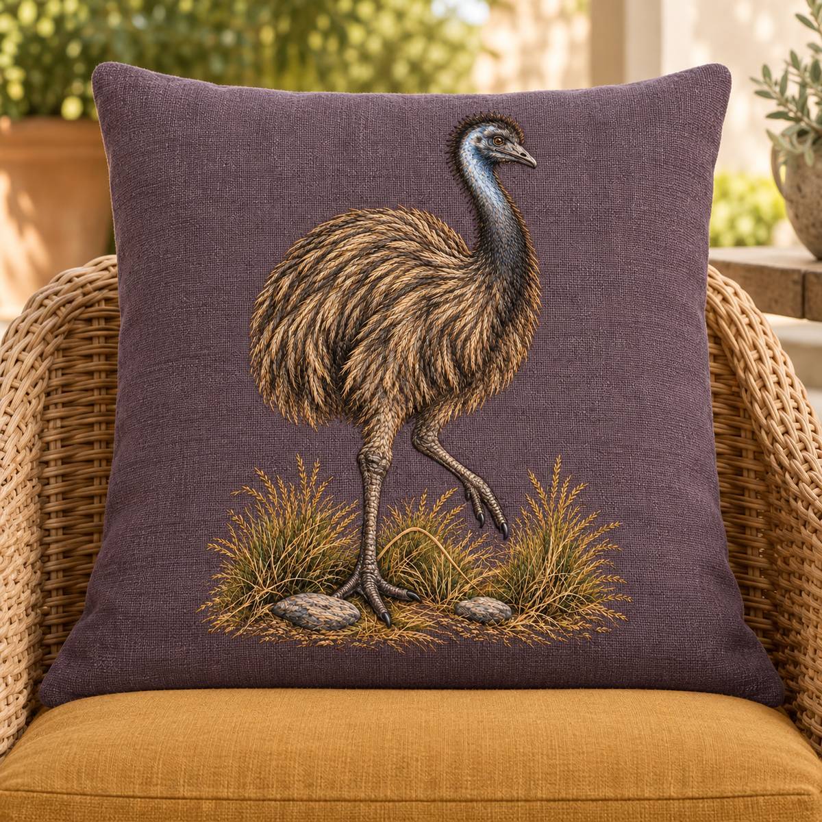 Emu embroidery design in a digital mockup of A upright linen backrest slipcover for a low wicker lounge chair, muted ochre cushion below, motif unobstructed and fully planar. Placement inspiration for Study 42.