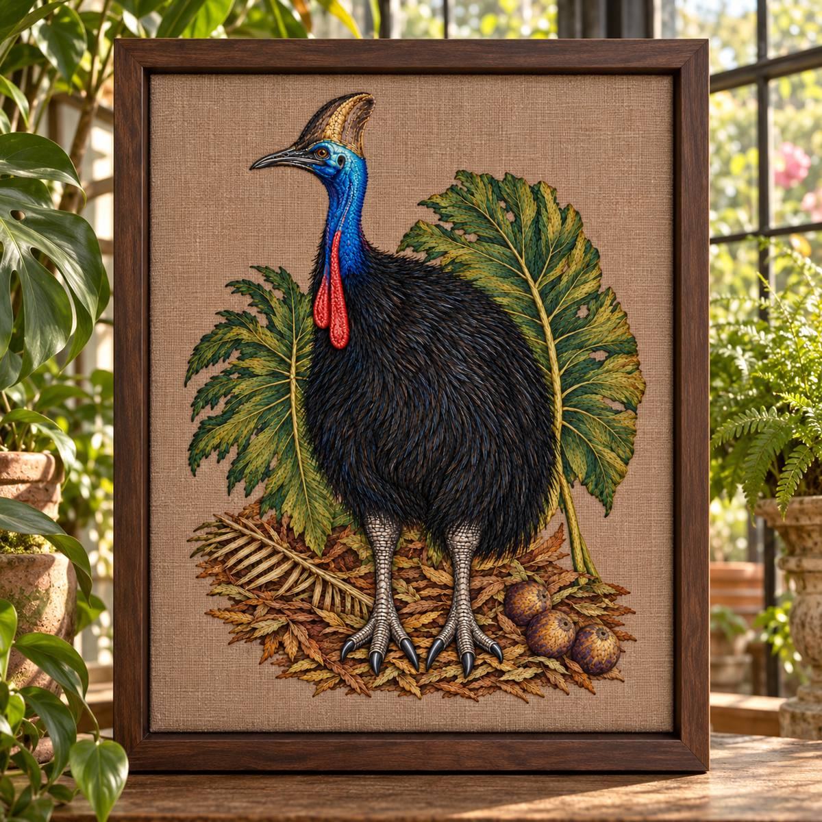 Cassowary embroidery design shown in a digital mockup of A warm terracotta-grey embroidered textile mounted in a dark walnut shadow frame in a lush conservatory, art front-on, foliage beside only. Study 43.