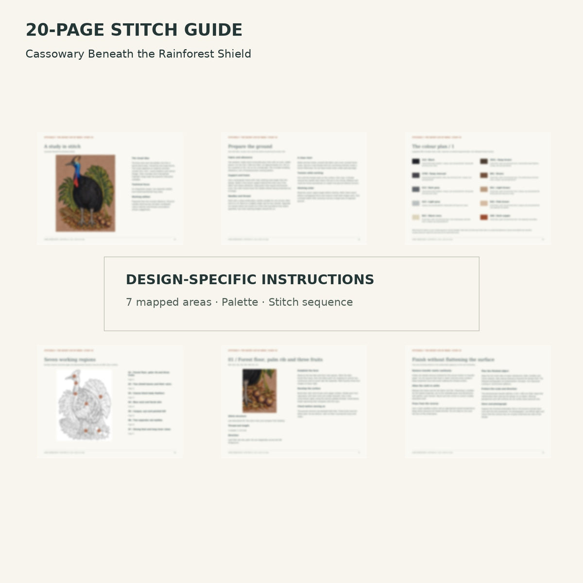 Protected page overview of the 20-page Cassowary stitch guide, including its numbered map, suggested palette and working sequence.